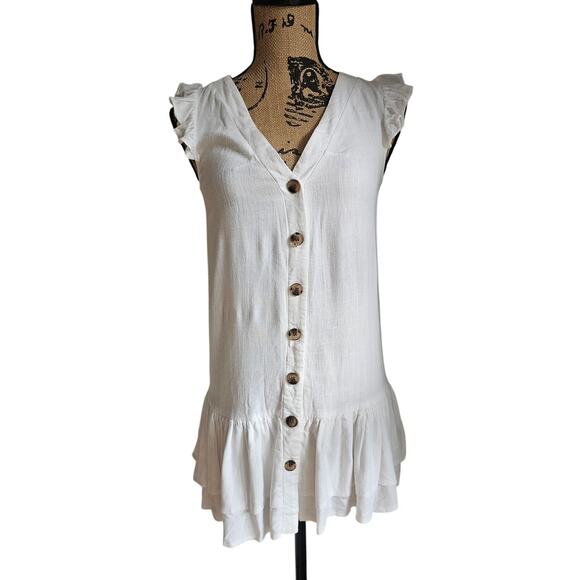 Polly White Bottom Ruffled/Tiered Button Sexy Mini Dress Coverup, Sz 2 - Picture 1 of 11